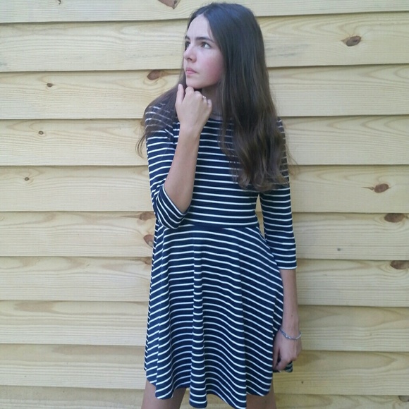 Navy Blue and White Striped Children's Dress - Picture 1 of 3